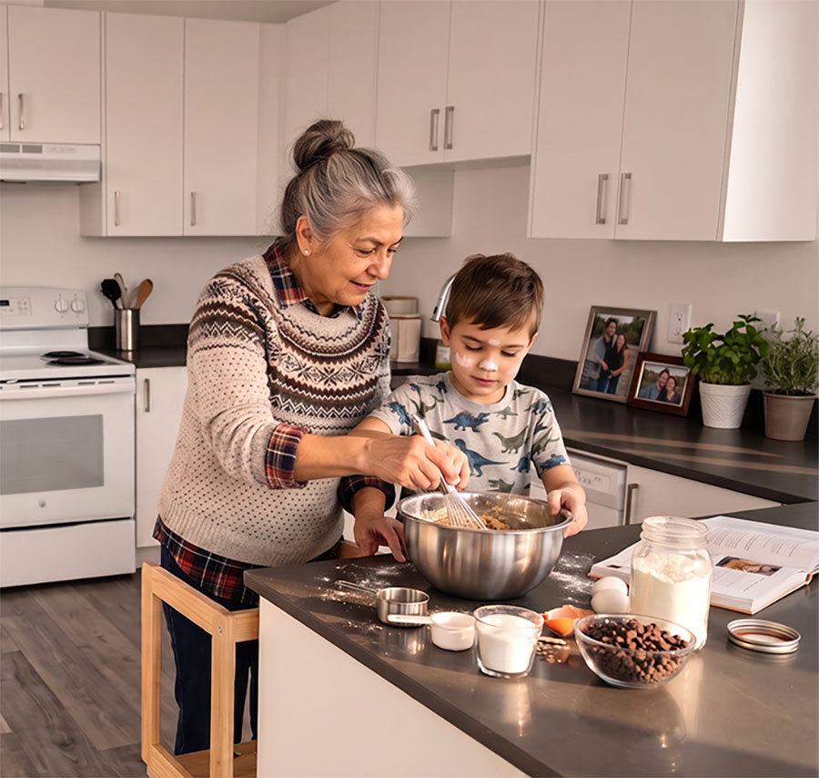 Woman and kid baking together